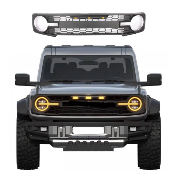 BUFEETERS  Front Bumper Upper Grille Fit For 2021 2022 2023 Ford Bronco,Raptr Style,Matte Black,Lights Amber