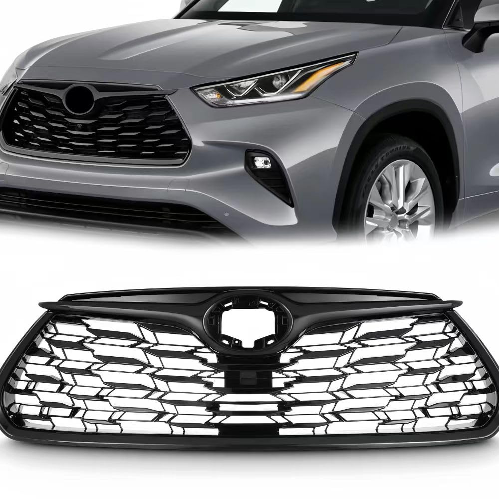 BUFEETERS Front Bumper Grille Cover Trim Grill Mesh Fit For 2020 2021 2022 Toyota Highlander,Gloss Black