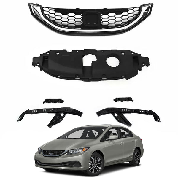 BUFEETERS  6PCS Front Radiator Grille Headlight & Bumper Brackets Fit For 2013 2014 2015 Honda Civic Sedan,Mesh Style,Chrome&Black