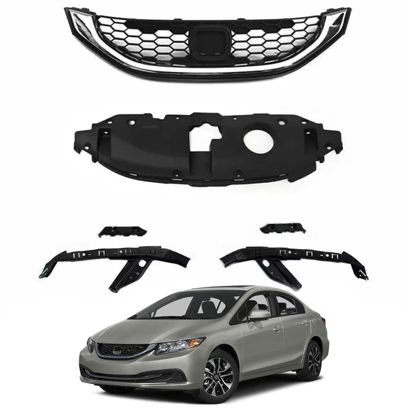 BUFEETERS  6PCS Front Radiator Grille Headlight & Bumper Brackets Fit For 2013 2014 2015 Honda Civic Sedan,Mesh Style,Chrome&Black
