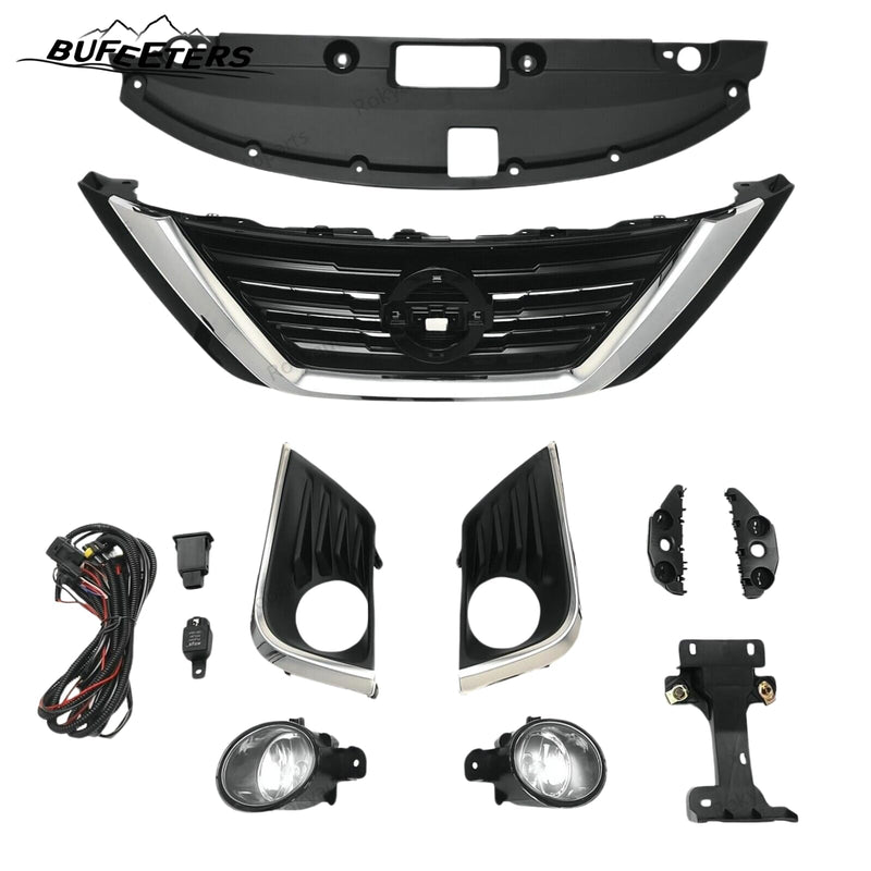 BUFEETERS  9PCS Front Grille Fog Light Kit + Radiator Cover + Bumper Bracket Fit For 2016 2017 2018 Nissan Altima,Mesh Style,Chrome&Black