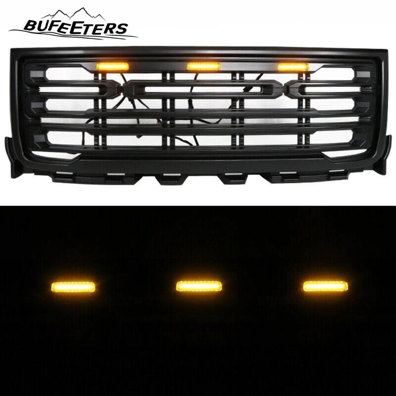 BUFEETERS Front Bumper Upper Grille W/ LED Light Fit For 2011 2012 2013 2014 GMC Sierra 2500HD 3500HD Matte Black