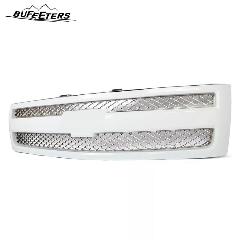 BUFEETERS Front Bumper Upper Grille Fit For 2007 2008 2009 2010 2011 2012 2013 Chevy Silverado 1500,Mesh Insert Style,Summit White Shell&Chrome