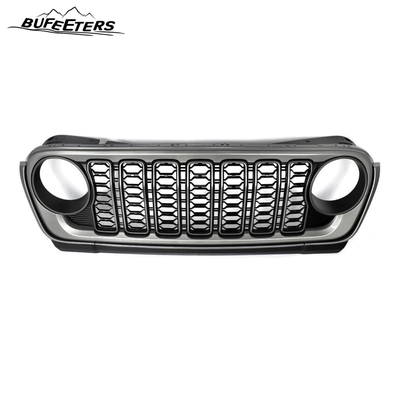 BUFEETERS  Front Bumper Upper Grille w/O Camera Hole Fit For 2018 2019 2020 2021 2022 2023 2024 Jeep Wrangler JL Gladiator JT,Rubicon Style,Matte Black&Billet Silver Metallic