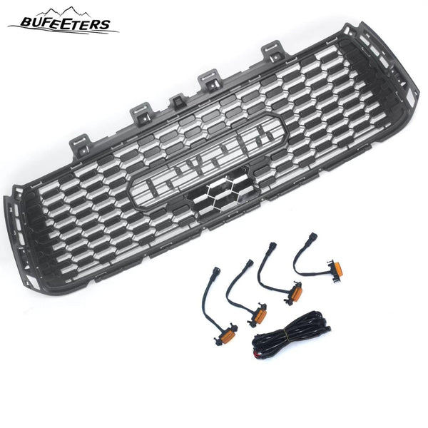 BUFEETERS Front Bumper Grille Hood Grill w/LED Amber Lights Fit For 2010 2011 2012 2013 Toyota Tundra,Mesh Style,Black