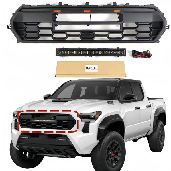 BUFEETERS Black Front Bumper Grille Grill With LED&Light bar Fit For 2024 TOYOTA TACOMA,Mesh Style,Matte Black
