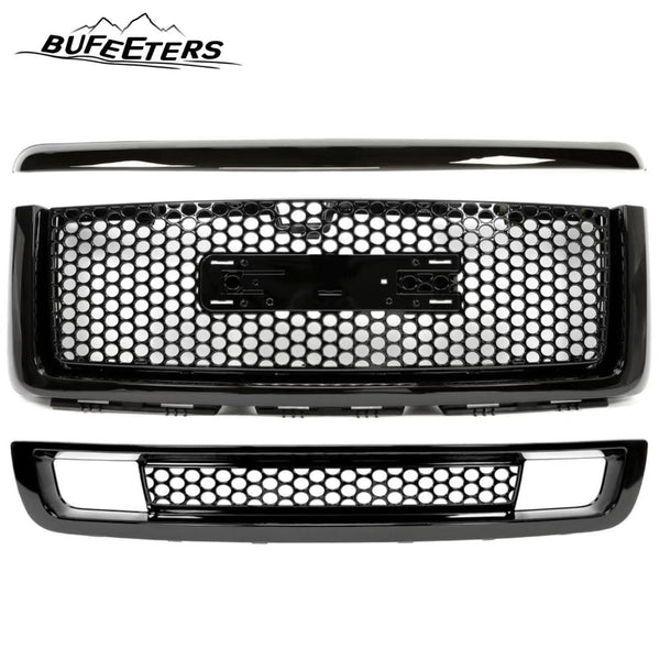 BUFEETERS   Front Upper Lower Grille Hood Molding  Fit For 2007 2008 2009 2010 2011 2012 2013 GMC Sierra 1500 Denali Pickup, Honeycomb Style,Gloss Black