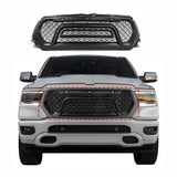 BUFEETERS  Front Upper Grille w/LED Fit For 2019 2020 2021 2022 2023 Dodge Ram 1500,Rebel Style,Matte Black