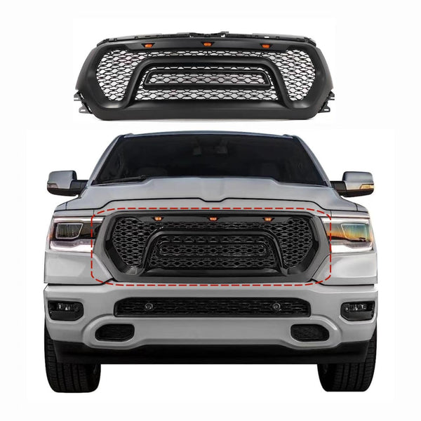 BUFEETERS  Front Upper Grille w/LED Fit For 2019 2020 2021 2022 2023 Dodge Ram 1500,Rebel Style,Matte Black