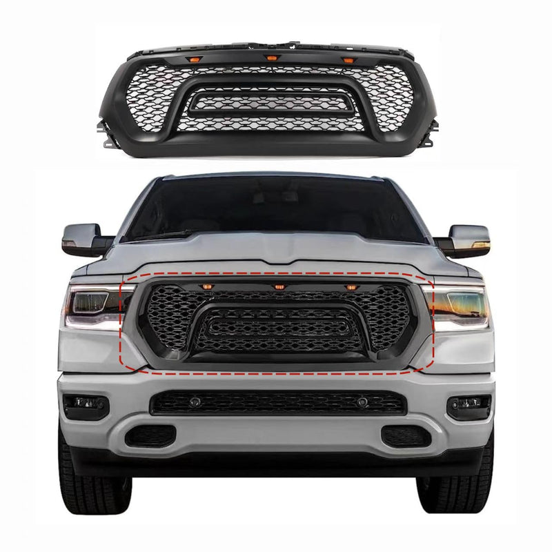 BUFEETERS  Front Upper Grille w/LED Fit For 2019 2020 2021 2022 2023 Dodge Ram 1500,Rebel Style,Matte Black