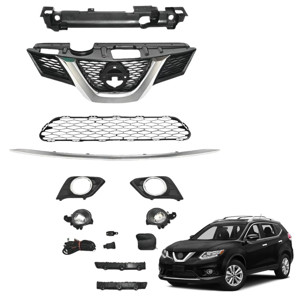 BUFEETERS 11PCS Front Upper Grille Lower Mesh Chrome Molding Trim Fog lights Fit For 2014 2015 2016 Nissan Rogue,Factory Style,Chrome&Black