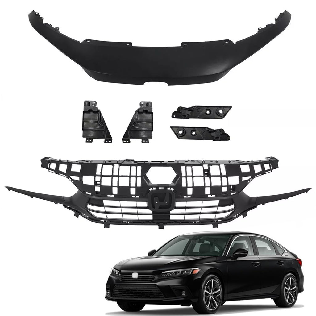 BUFEETERS  Front Bumper Upper Grille+Upper Trim Replacement Fit For 2022 2023 2024 Honda Civic,Factory Style,Black