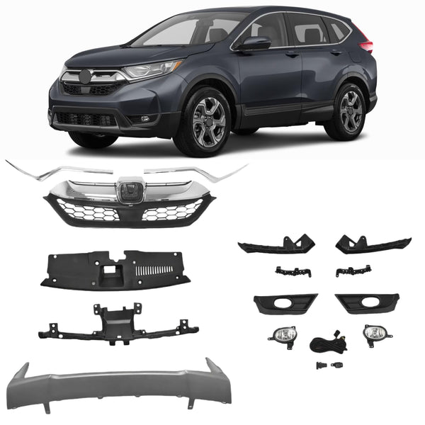 BUFEETERS Front Upper Grille/Trim/Bumper Garnish/Fog Light/Stay Bracket/Radiator Cover Fit For 2017 2018 2019 Honda CRV,Factory Style,Chrome&Black