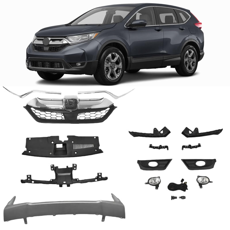 BUFEETERS Front Upper Grille/Trim/Bumper Garnish/Fog Light/Stay Bracket/Radiator Cover Fit For 2017 2018 2019 Honda CRV,Factory Style,Chrome&Black