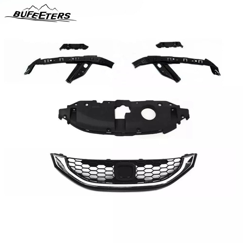 BUFEETERS  6PCS Front Radiator Grille Headlight & Bumper Brackets Fit For 2013 2014 2015 Honda Civic Sedan,Mesh Style,Chrome&Black