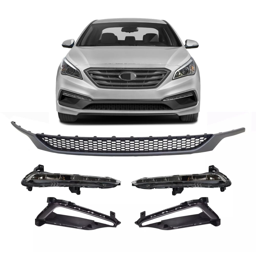 BUFEETERS  5PCS Front Lower Grille & LED Fog Light DRL Set Fit For 2015 2016 2017 Hyundai Sonata Sport,Factory Style,Black