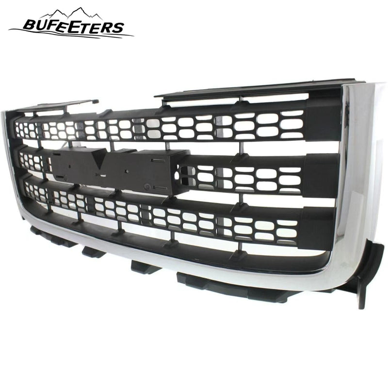 BUFEETERS  Front Bumper Upper Grille Chrome with Textured Black Fit For 2011 2012 2013 2014 GMC Sierra 2500 HD Sierra 3500 HD