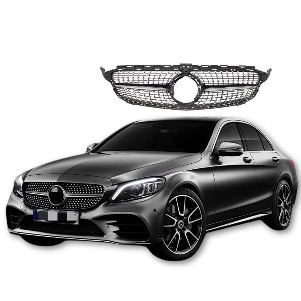 BUFEETERS Front Bumper Upper Grille Fit For 2019 2020 2021 Mercedes Benz W205 C-CLASS,Diamond Style,Black