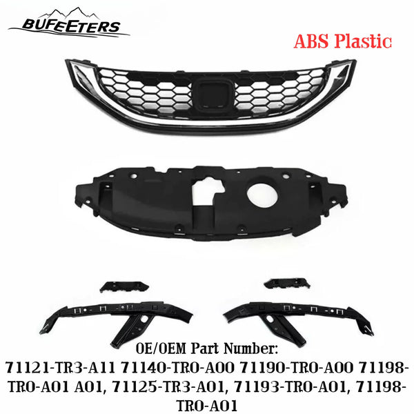 BUFEETERS  6PCS Front Radiator Grille Headlight & Bumper Brackets Fit For 2013 2014 2015 Honda Civic Sedan,Mesh Style,Chrome&Black