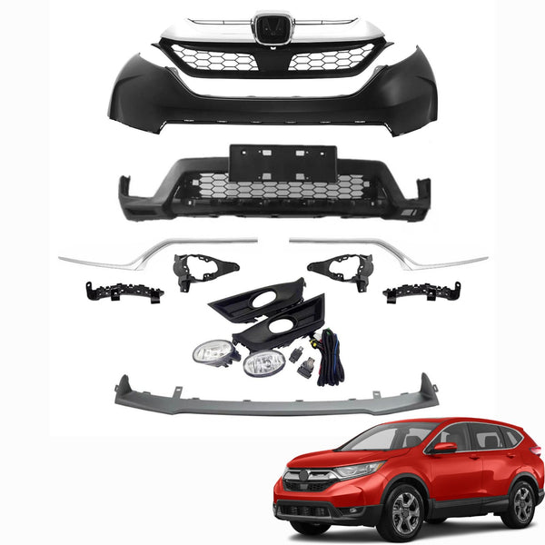 BUFEETERS  New Complete Front Bumpers Grille Fog Light W/Bumper Molding Fit For 2017 2018 2019 Honda CRV CR-V,Factory Style,Chrome&Black
