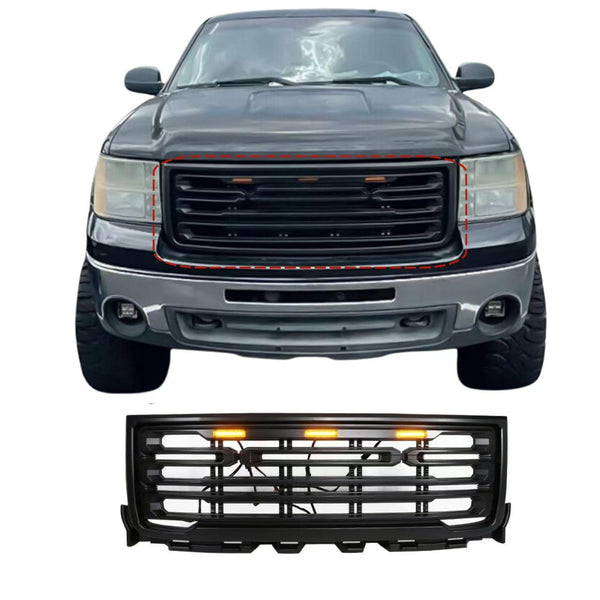 BUFEETERS Front Bumper Upper Grille W/ LED Light Fit For 2011 2012 2013 2014 GMC Sierra 2500HD 3500HD Matte Black