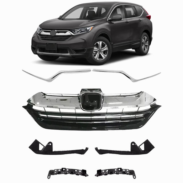 BUFEETERS  7Pcs Front Grille + Bumper Headlight Brackets +Molding Fit For 2017 2018 2019 Honda CRV CR-V,Factory Style,Chrome&Black