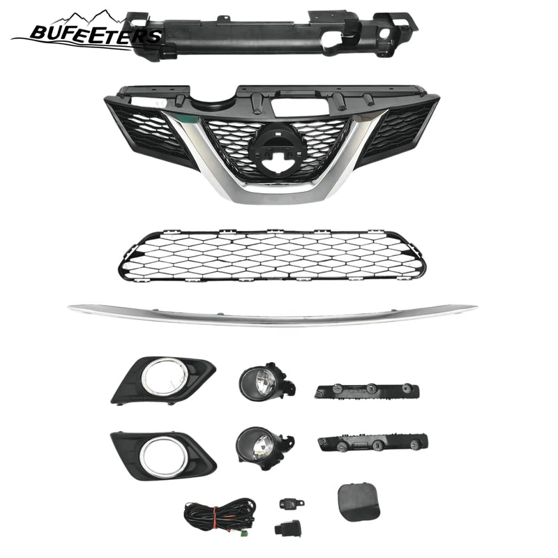 BUFEETERS 11PCS Front Upper Grille Lower Mesh Chrome Molding Trim Fog lights Fit For 2014 2015 2016 Nissan Rogue,Honeycomb Style,Chrome&Black