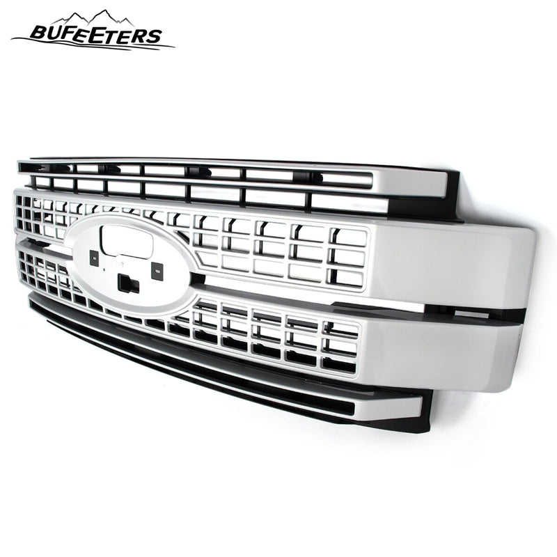 BUFEETERS Front Bumper Upper Grille W/o Camera Hole Fit For 2017 2018 2019 F-250 F-350 F-450 F-550 Super Duty,Platinum Style,Ingot Silver&Black