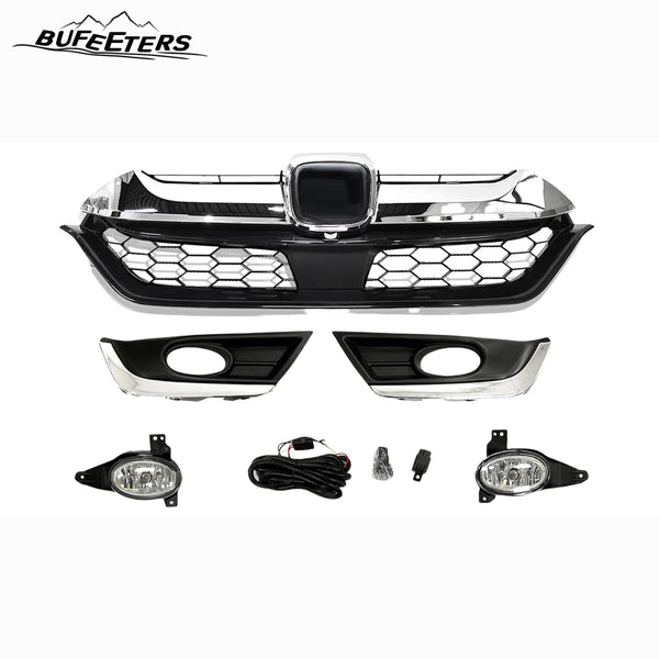 BUFEETERS  Front Bumper Upper Grille Fog Lights Fit For 2017 2018 2019 Honda CRV CR-V,Honeycomb Style,Chrome&Black