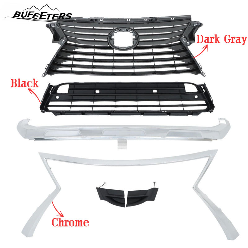 BUFEETERS  4PCS Front Bumper Upper Lower Grille Trim W/O Camera Hole Fit For 2016 2017 2018 2019 Lexus RX350 RX450h,Factory Style,Chrome&Black&Dark Gray