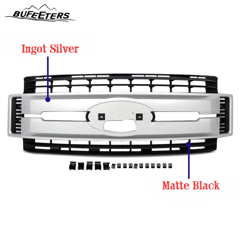 BUFEETERS Front Bumper Upper Grille Fit For 2017 2018 2019 F-250 F-350 Super Duty,XL Style,UX Ingot Silver&Matte Black