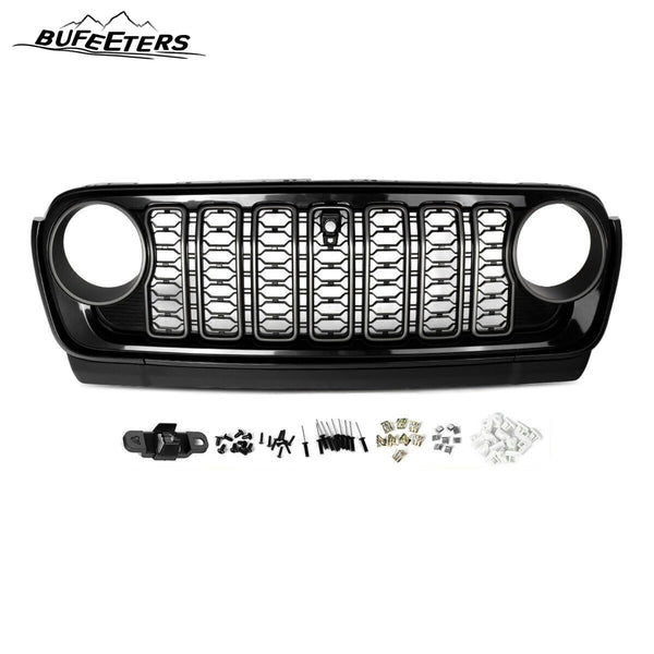 BUFEETERS  Front Bumper Upper Grille w/Camera Hole Fit For 2018 2019 2020 2021 2022 2023 2024 Jeep Wrangler JL Gladiator JT,Mesh Style,Gloss Black