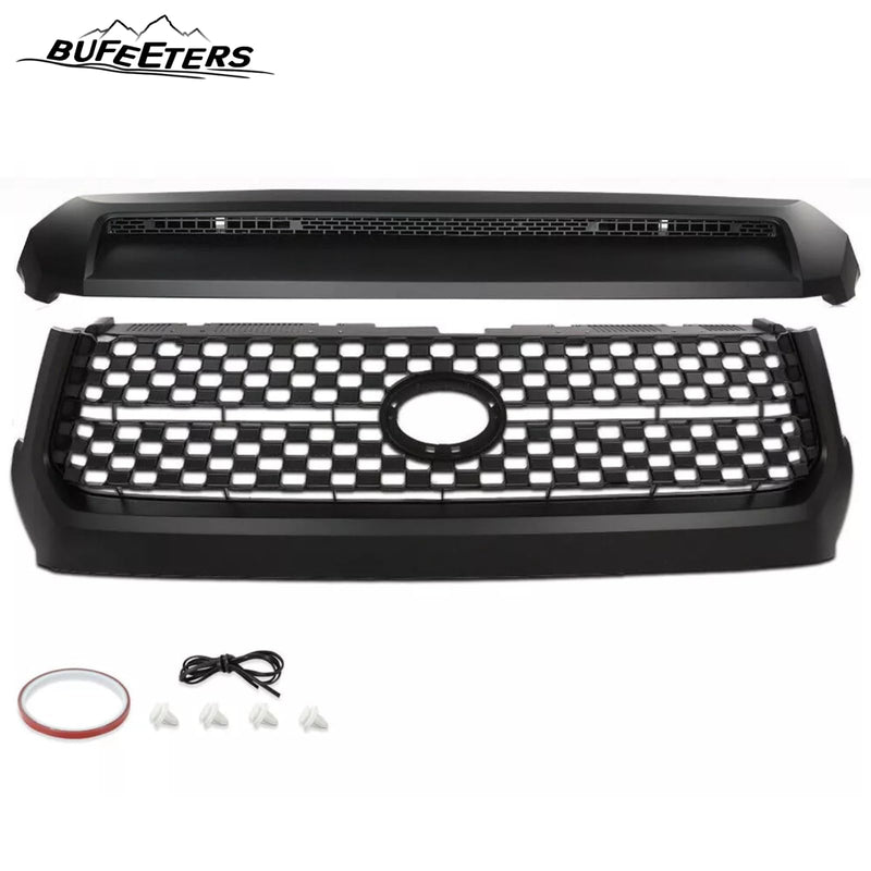 BUFEETERS  Front Grille&Hood Bulge Molding Set Fit For 2014 2015 2016 2017 2018 2019 2020 Toyota Tundra,Mesh Style,Matte Black