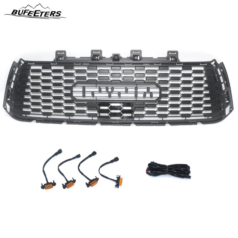 BUFEETERS Front Bumper Grille Hood Grill w/LED Amber Lights Fit For 2010 2011 2012 2013 Toyota Tundra,Mesh Style,Black
