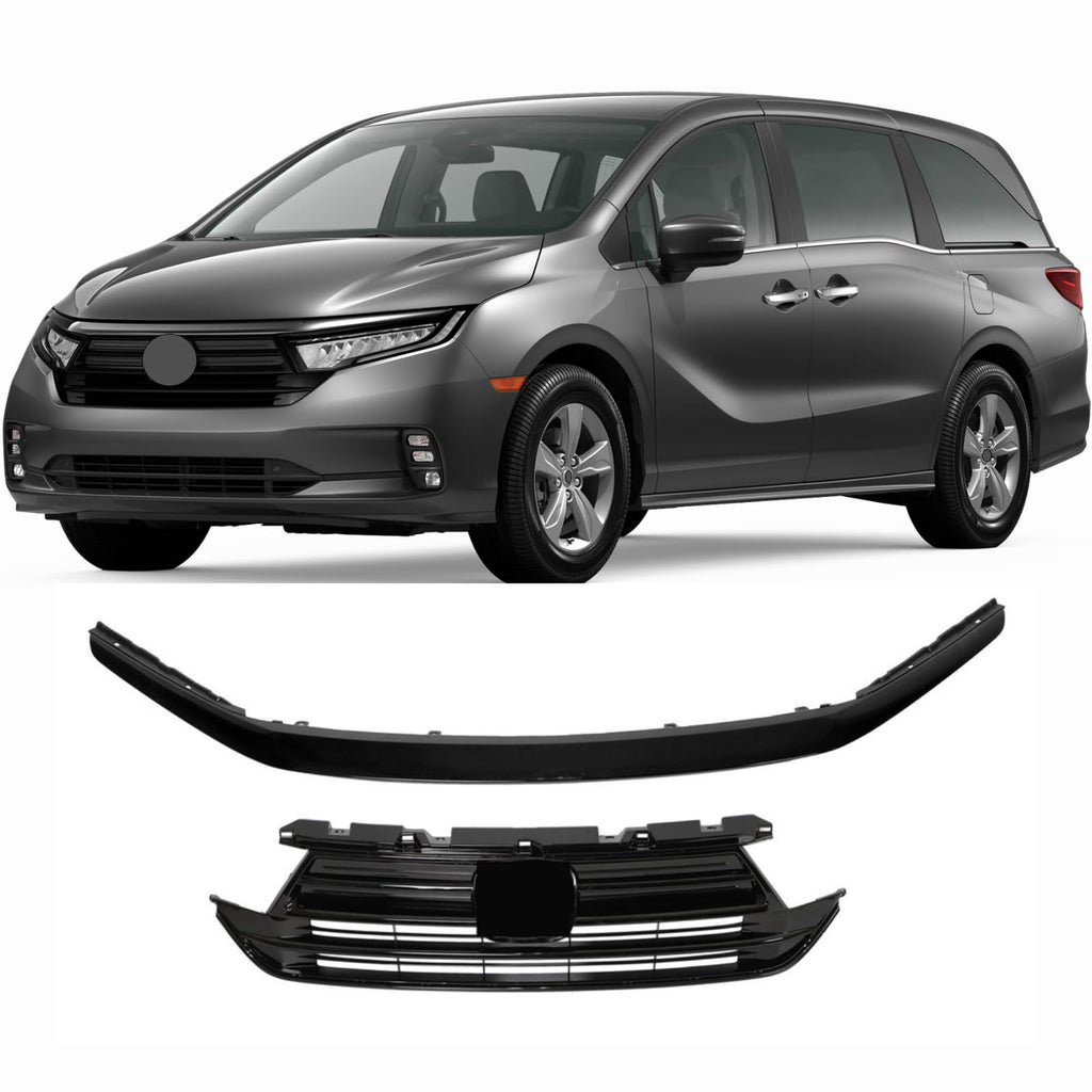 BUFEETERS Front Bumper Upper Grille With Trim Fit For 2021 2022 2023 Honda Odyssey,Factory Style,Gloss Black