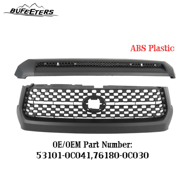BUFEETERS 2PCS Front Grille&Hood Bulge Molding Fit For 2014 2015 2016 2017 2018 2019 2020 Toyota Tundra,Mesh Style,Matte Black