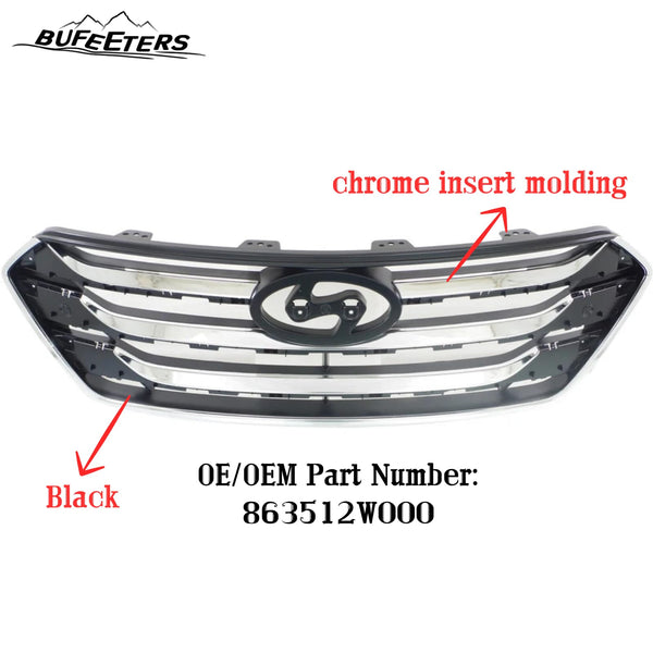 BUFEETERS    Front Bumper Upper Grille Fit For 2013 2014 2015 2016 Hyundai Santa Fe Sport,Chrome&Black