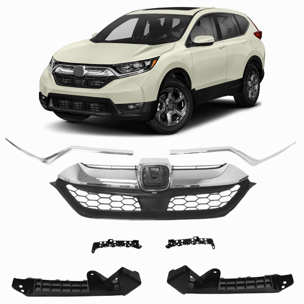 BUFEETERS 7Pcs Front Grille Trim Molding Bumper Headlight Bracket Fit For 2017 2018 2019 Honda CRV CR-V,Factory Style,Chrome&Black
