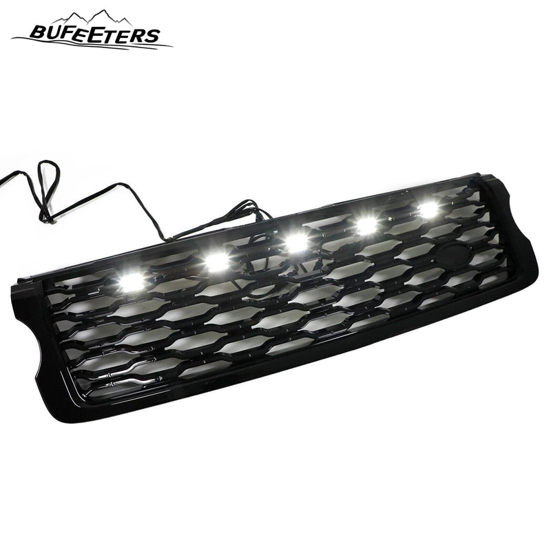 BUFEETERS Front Bumper Upper Grille w/ LED Fit For 2013 2014 2015 2016 2017 Land Rover Range Rover Vogue L405,Mesh Style,Gloss Black
