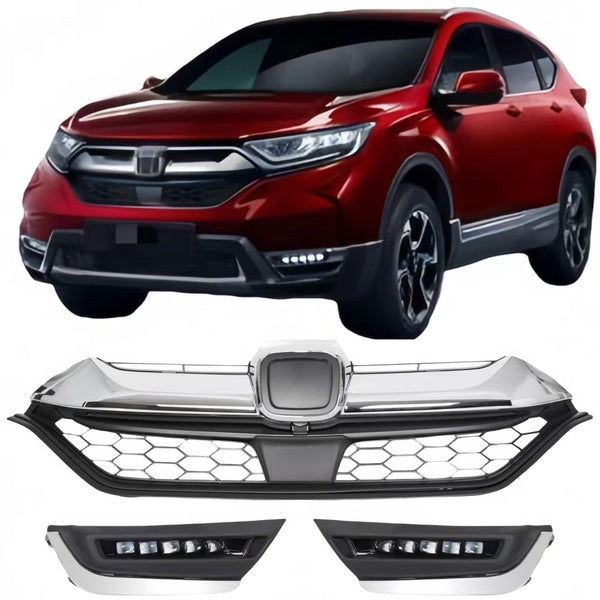 BUFEETERS Front Upper Chrome Grille+LED DRL Fog Lights Fit For 2017 2018 2019 Honda CRV CR-V