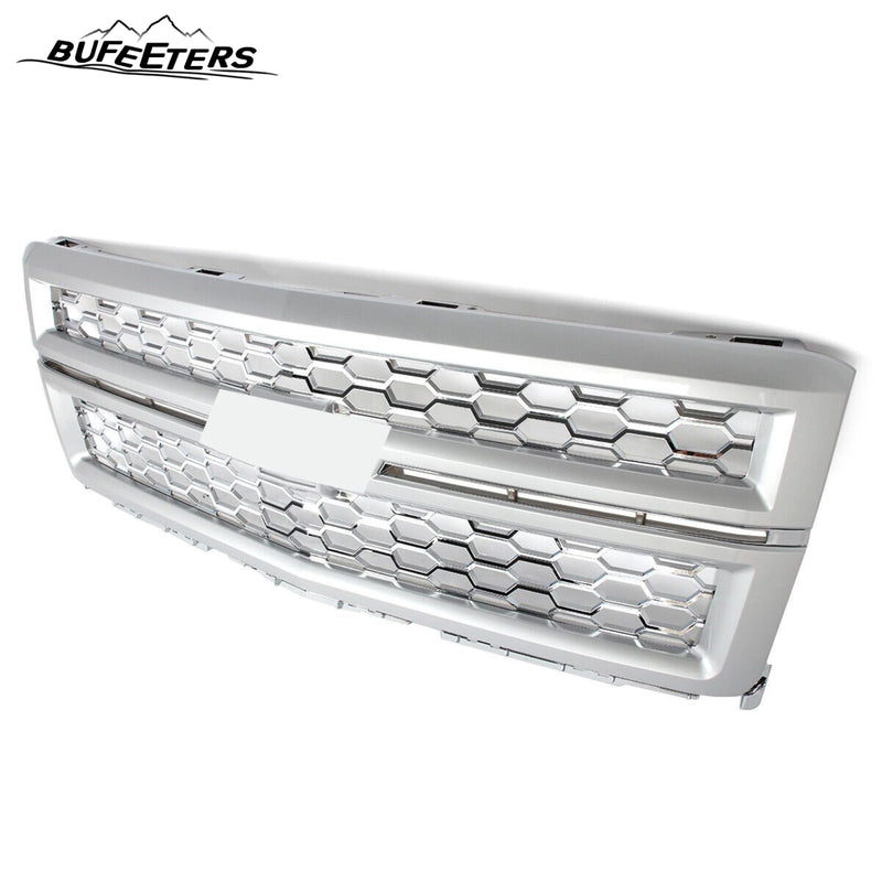BUFEETERS Front Bumper Upper Grille Fit For 2014 2015 Chevy Silverado 1500,Honeycomb Style,Silver Ice Metallic&Chrome