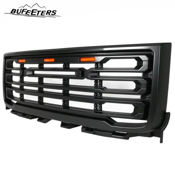 BUFEETERS Front Bumper Upper Grille W/ LED Light Fit For 2011 2012 2013 2014 GMC Sierra 2500HD 3500HD Matte Black