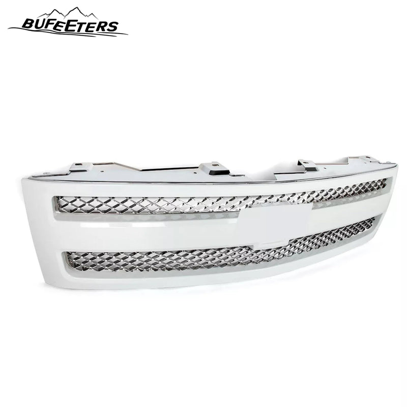 BUFEETERS Front Bumper Upper Grille Fit For 2007 2008 2009 2010 2011 2012 2013 Chevy Silverado 1500,Mesh Insert Style,Summit White Shell&Chrome