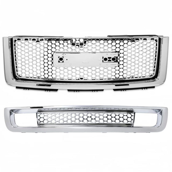 BUFEETERS  Front Bumper Upper & Lower Grille Hood Grill Fit For 2007 2008 2009 2010 2011 2012 2013 GMC Sierra 1500,New Body Style,Chrome&Silver