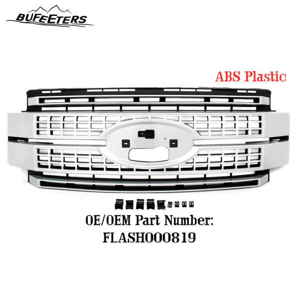 BUFEETERS Front Bumper Upper Grille W/o Camera Hole Fit For 2017 2018 2019 F-250 F-350 F-450 F-550 Super Duty,Platinum Style,Ingot Silver&Black
