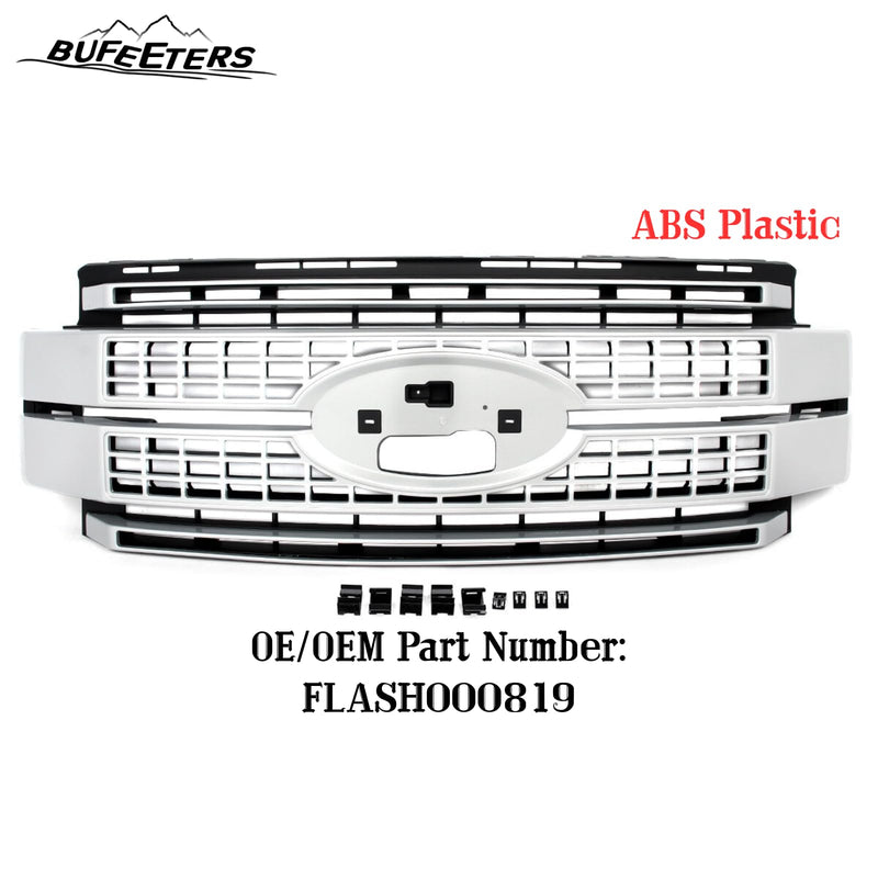BUFEETERS Front Bumper Upper Grille W/o Camera Hole Fit For 2017 2018 2019 F-250 F-350 F-450 F-550 Super Duty,Platinum Style,Ingot Silver&Black
