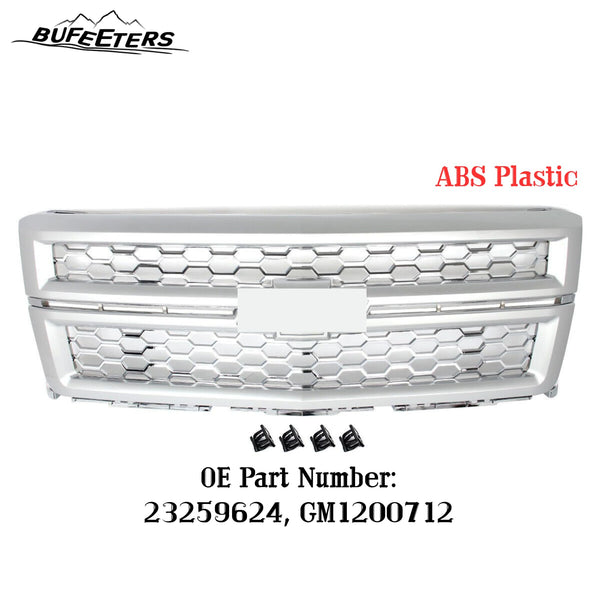 BUFEETERS Front Bumper Upper Grille Fit For 2014 2015 Chevy Silverado 1500,Honeycomb Style,Silver Ice Metallic&Chrome