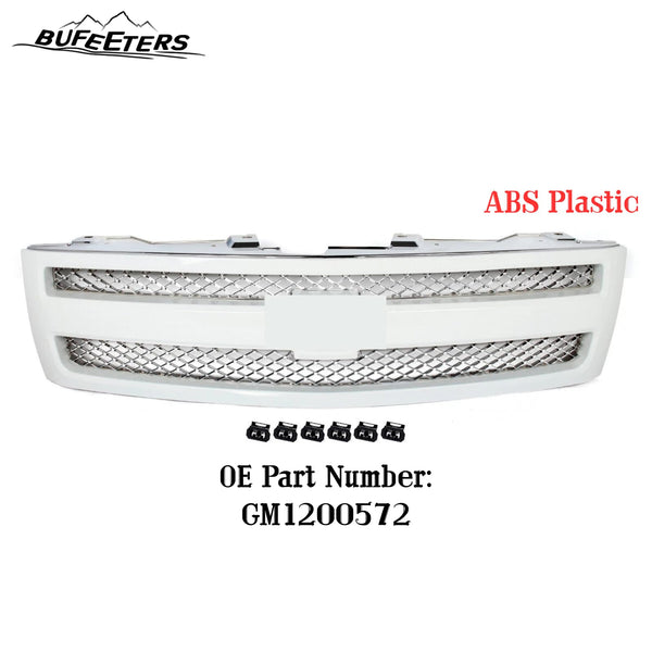BUFEETERS Front Bumper Upper Grille Fit For 2007 2008 2009 2010 2011 2012 2013 Chevy Silverado 1500,Mesh Insert Style,Summit White Shell&Chrome