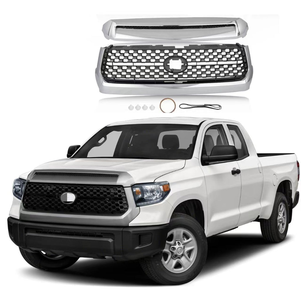 BUFEETERS Front Upper Grille & Hood Bulge Fit For 2014 2015 2016 2017 2018 2019 2020 Toyota Tundra,Honeycomb Style,Chorme&Black