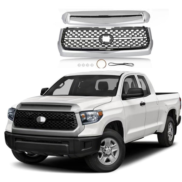 BUFEETERS Front Upper Grille & Hood Bulge Fit For 2014 2015 2016 2017 2018 2019 2020 Toyota Tundra,Honeycomb Style,Chorme&Black